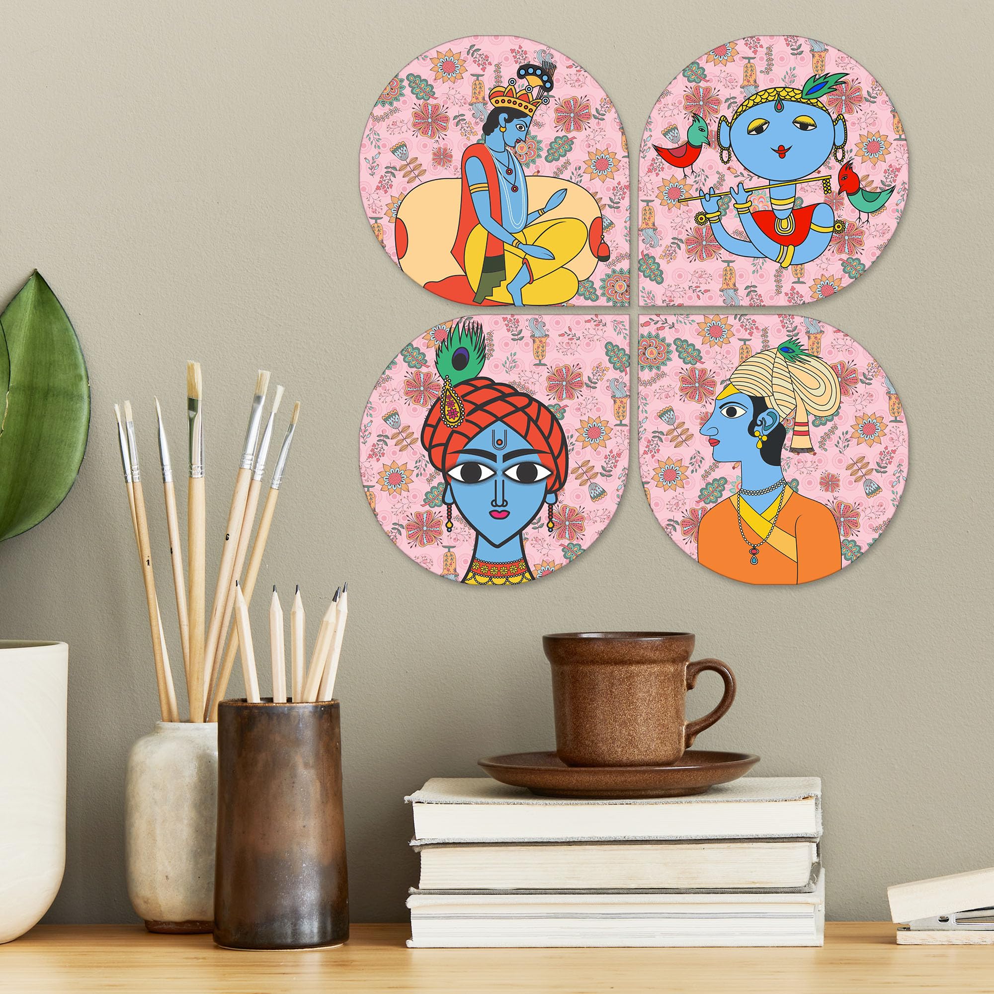 Artvibes Spiritual Krishna Folk Wooden Art Decoration Item for Living Room | Wall Sculpture | Signs & Plaques | Modern Decor Artwork | Wall Poster | Handcrafted Art | Unique Gift (WH_8426N), Set of 4