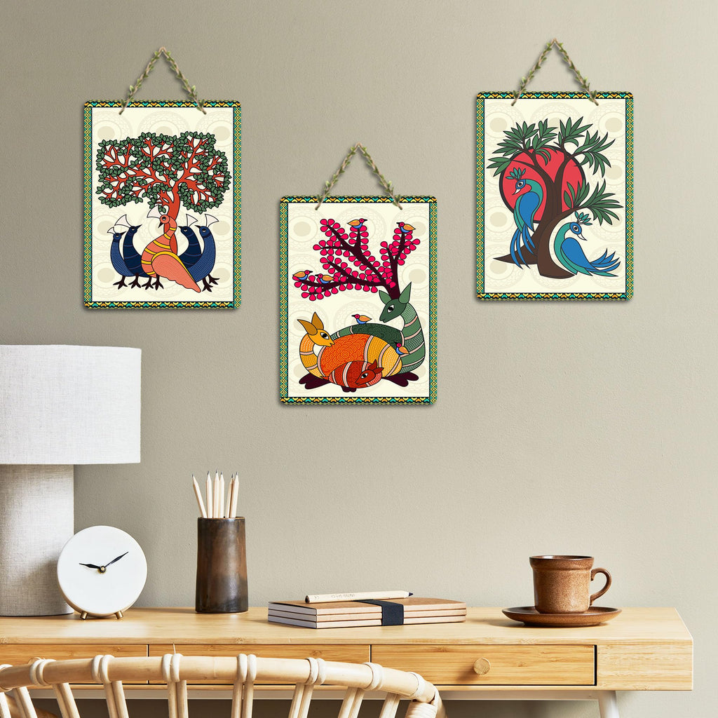 Artvibes Tree, Bird & Animal Theme Madhubani Art Wooden Art Decoration Item for Home | Garden Balcony | Decoration Wall Hanging Items | Trendy Decor | Wall Poster | Unique Gift (WH_96161N), Set of 3
