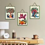 Artvibes Tree, Bird & Animal Theme Madhubani Art Wooden Art Decoration Item for Home | Garden Balcony | Decoration Wall Hanging Items | Trendy Decor | Wall Poster | Unique Gift (WH_96161N), Set of 3