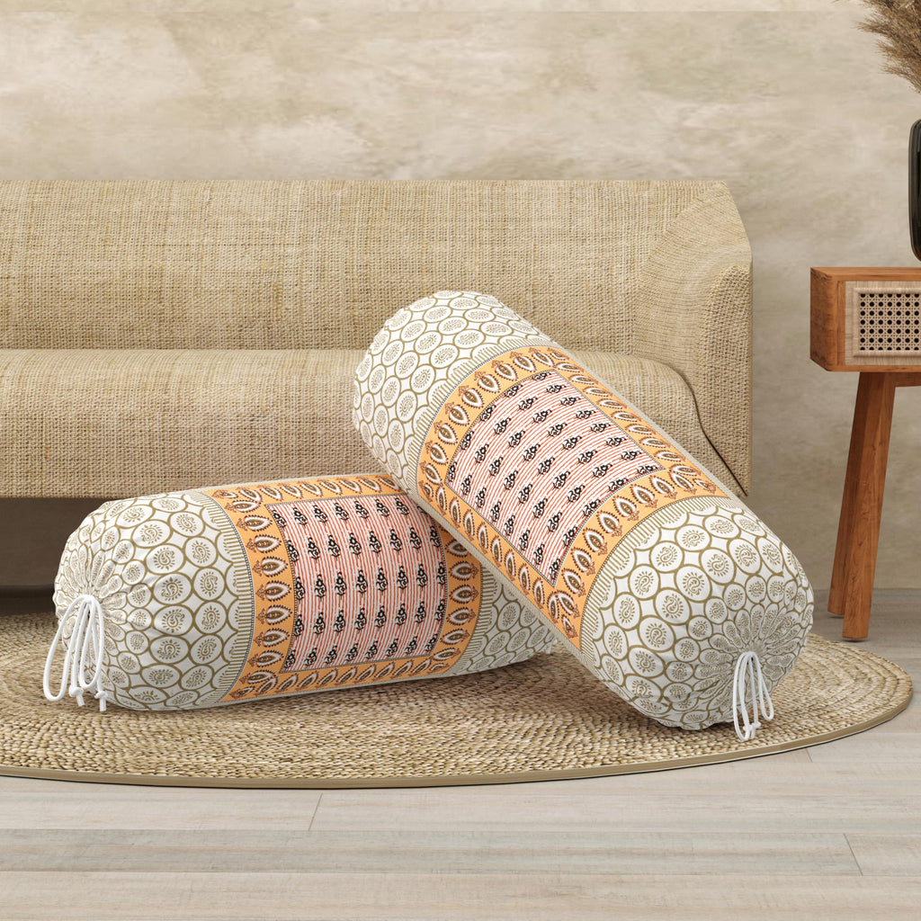 BLOCKS OF INDIA Cotton Hand Block Printed Bolster Cover | Booster Cover with Drawstring | Round Long Pillow Cover for Bed | Dewan Pillow Cover Set 16 X 32 | Set of 2 (Color 35)
