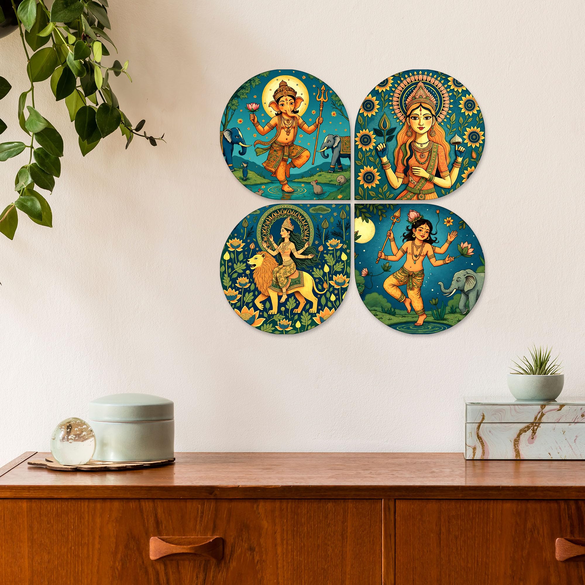 Artvibes Spiritual Handcrafted Mdf Wooden Decorative Wall Hanging | Living Room Decor | Bedroom Wall Decoration Items | Gifts For Men Women (Wh_8445N) - Set Of 4