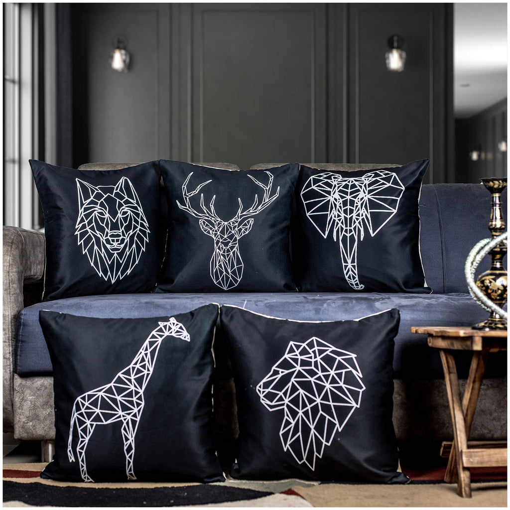 Vendola Decorative Satin Sofa Cushion Covers Set of 5, 20 Inch x 20 Inch, Sofa Cushion Pillow Cover, Black and White Colour, Minimalist Design, Zipper Closure (Minimalist, 20X20 Inches)