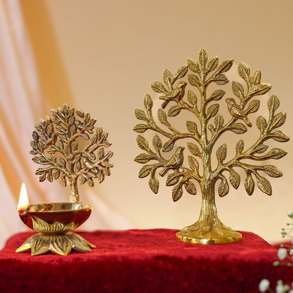 BEHOMA Brass Kalpvriksh Tree with Birds (6 in) & Kalpavriksha Diya (4.1in)