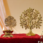 BEHOMA Brass Kalpvriksh Tree with Birds (6 in) & Kalpavriksha Diya (4.1in)