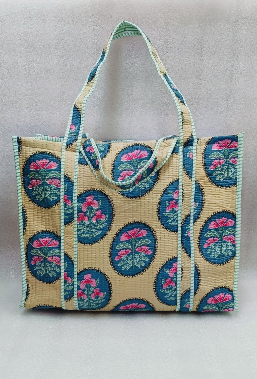 HOUSE OF GULAB Tote Bag for Women Cotton Canvas Tote Bag with Long Handle & Inside Pocket Reusable Shopping Bag Shoulder Carry Bag Eco Friendly Cloth Tote College Office Handbag (Cream & Green)