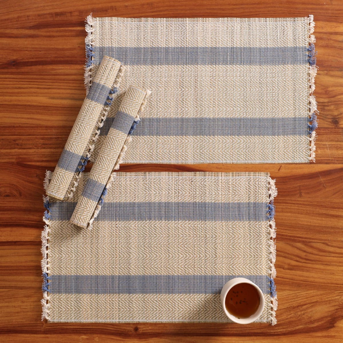 Peepul Tree Placemats Pack of 4 for Dining Table | Powder Blue & Off-White Handmade, Washable & Durable Table Mats | Dining Table Place Mats for Home, Kitchen, Hotel & Dining Decor Kafalo