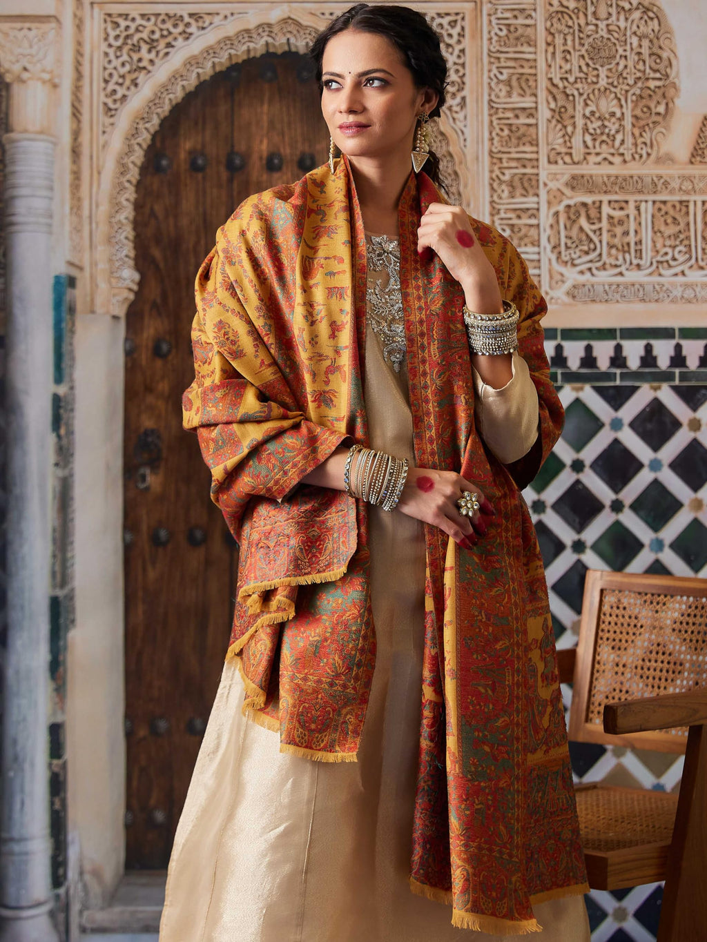Pashmoda Women Gulbahar Kaani Wool Blend Kashmiri Shawl, Stole, Scarf, Luxury Pashmina Evening Wrap (Size: 101 X 203 CM)