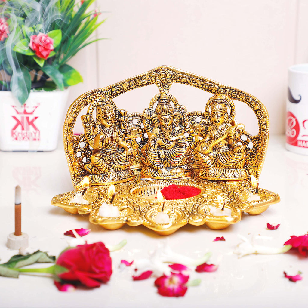 KridayKraft Laxmi Ganesha Saraswati Metal Idol with Diya – Handcrafted Religious Statue for Pooja Room, Home Temple & Festive Décor – Auspicious Showpiece and Gift Article for Diwali