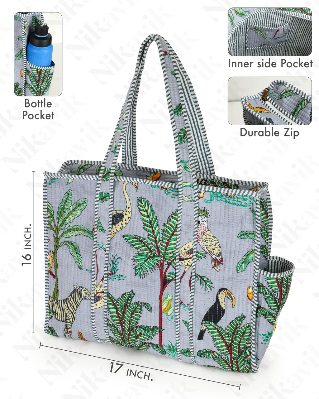 NIKAVIK Quilted Cotton Tote bag – Exotic Animal Print Foldable and Ideal for Travel Shopping Beach Trips or Daily Essentials (Grey)