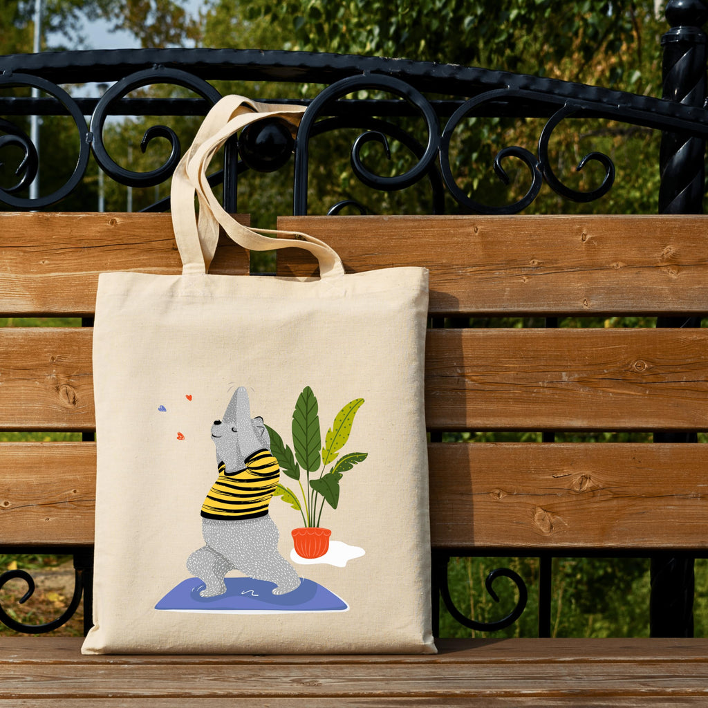 snapiq COTTON 350 GSM Canvas Tote Bag for Women and Girls Thick Fabric with Zipper (Beige, Bear Yoga)