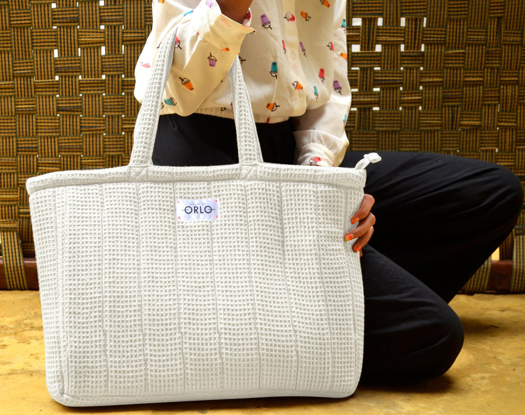 HOUSE OF ORLO Quilted 100% Cotton Waffle Weave Handmade Tote Bags with Zipper and Double Handles for Women Ideal for College, Travel, Work and Daily Use (Off White)
