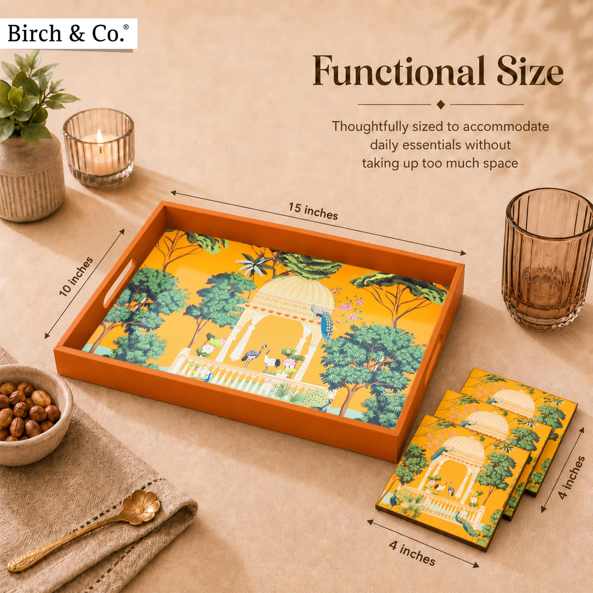 Birch & Co. Wooden Tray For Serving-Free 4 Coasters-10 Inch X 15 Inch-Serving Tray-Tray Set For Decoration-Tea Trays-Big Coffee Tray-Premium Mdf Trey-Wooden Serving Trays-Resin Tray,Rectangular