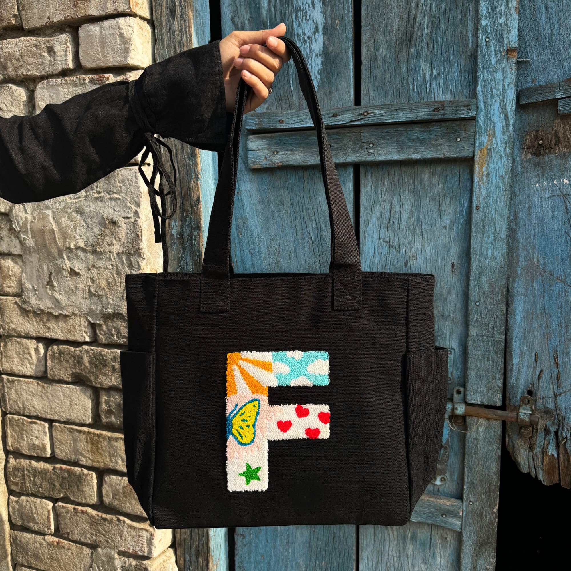 TSANTA Alphabet Tufted Canvas Tote Bag for Women, Laptop Compatible, Multicolour, Cotton, Zipper, 35x11x31 cm, Shoulder Strap, Personalised Letter Design