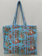 Raj Handicrafts Cotton Printed Tote Bag,Hand Bag Multicolor Quilted Hand Block Floral Printed Women's Carry Bag Shoulder Shopping Tote Bags 18x5.5x16 Inch (Blue 1)