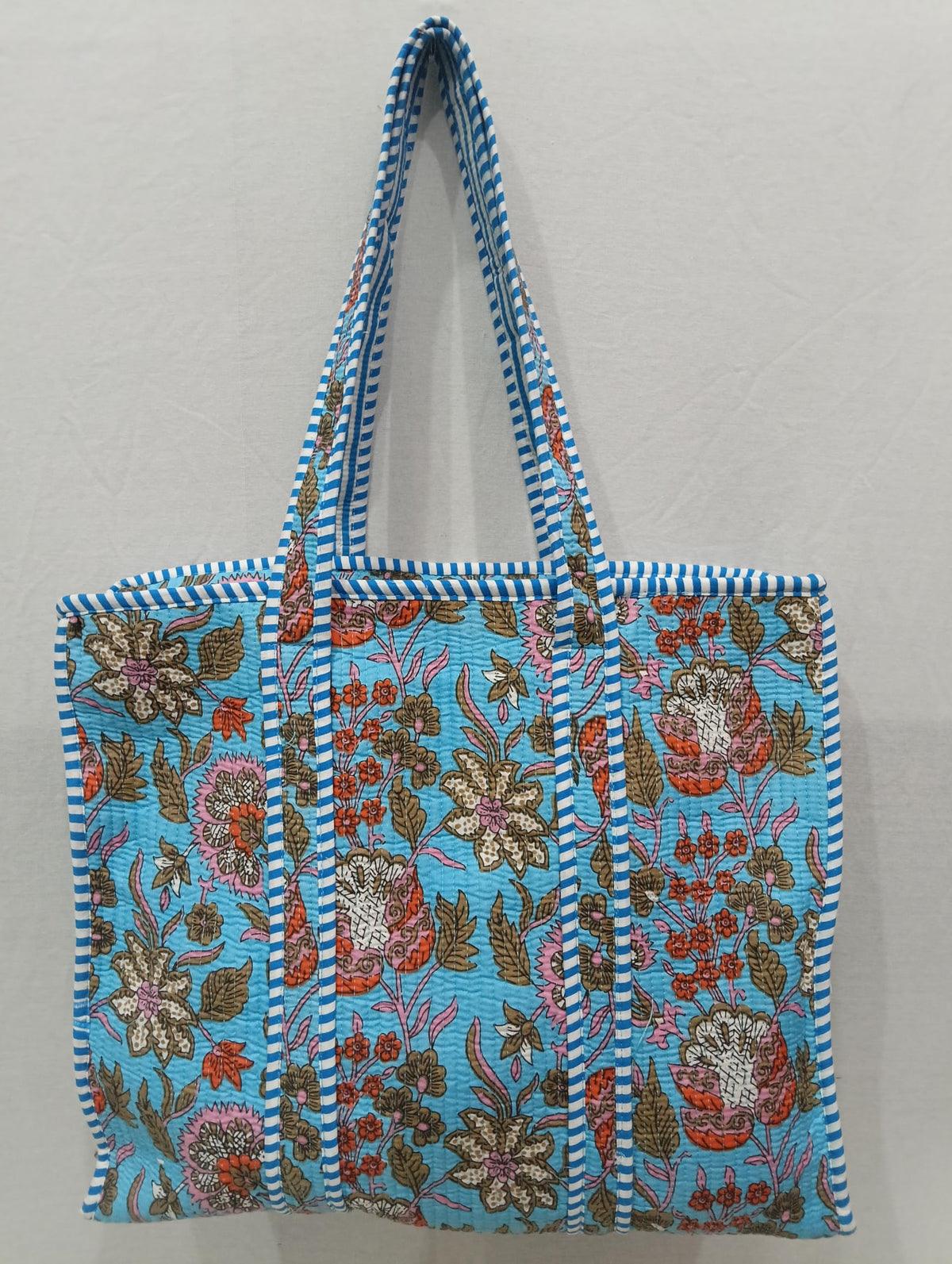 Raj Handicrafts Cotton Printed Tote Bag,Hand Bag Multicolor Quilted Hand Block Floral Printed Women's Carry Bag Shoulder Shopping Tote Bags 18x5.5x16 Inch (Blue 1)