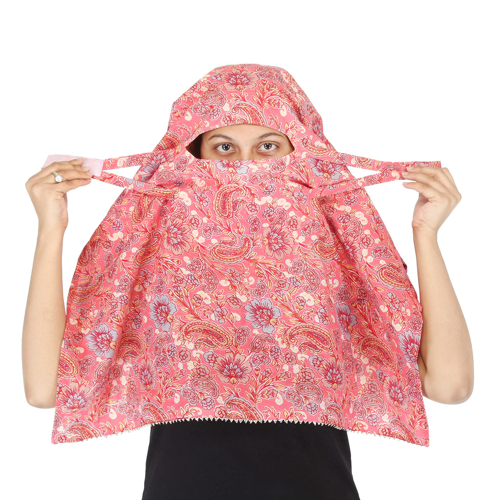 DEEPNYRA - LIVING STYLE Female Cotton Scarf Face Full Covering With Mask Head Hair Wrap Sun Protection For Women Printed Square All Season Wear (Pink)