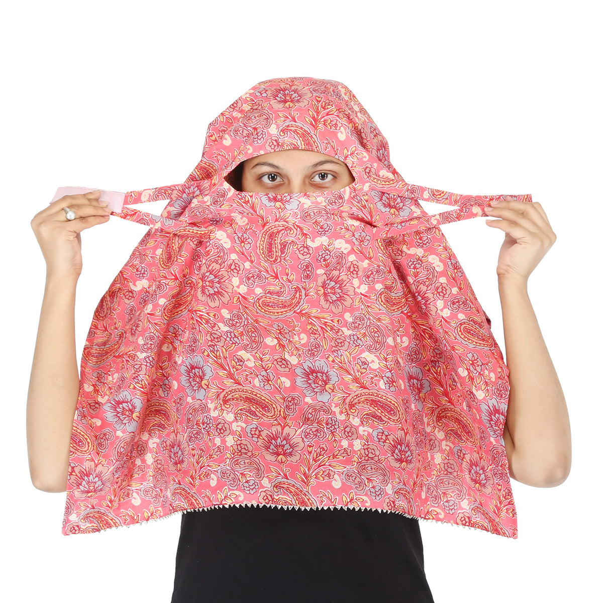 DEEPNYRA - LIVING STYLE Female Cotton Scarf Face Full Covering With Mask Head Hair Wrap Sun Protection For Women Printed Square All Season Wear (Pink)