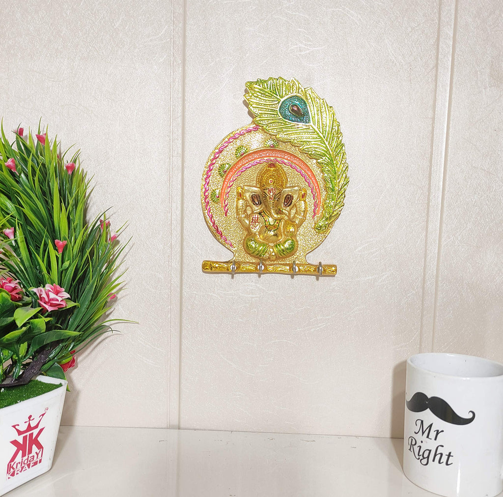 KridayKraft Metal Ganesha ji Key Holder with Meena Work Decorative for Wall | Ganesh Statue/Religious | Idol/Wall Hanging (Ganesh Pankhi MENA)