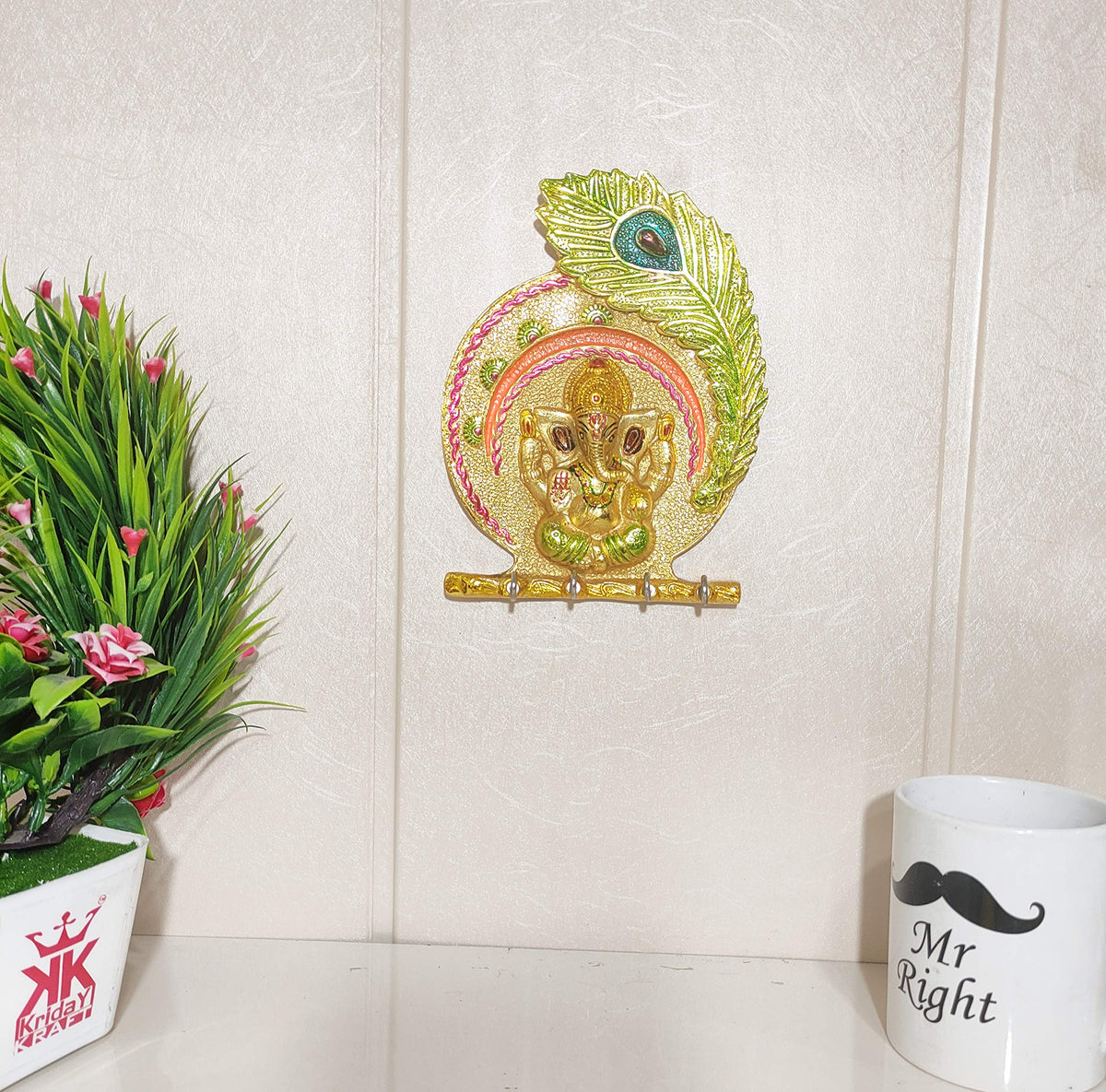 KridayKraft Metal Ganesha ji Key Holder with Meena Work Decorative for Wall | Ganesh Statue/Religious | Idol/Wall Hanging (Ganesh Pankhi MENA)