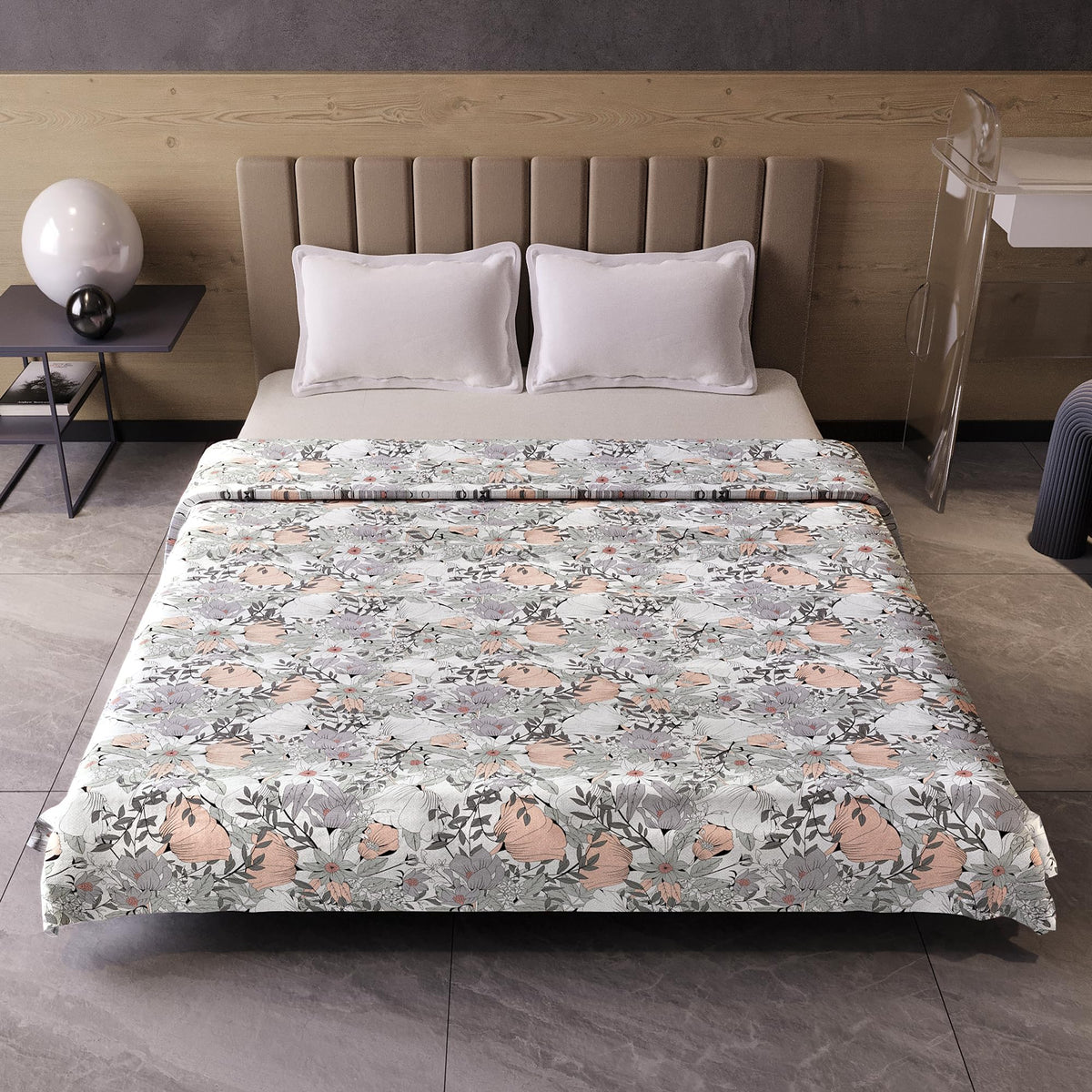 Divine Casa 100% Cotton Reversible Double Bed Dohar | Soft & Lightweight AC Blanket | Summer Quilt | 220 x 205 CM, Floristry Slate & Coral Kafalo