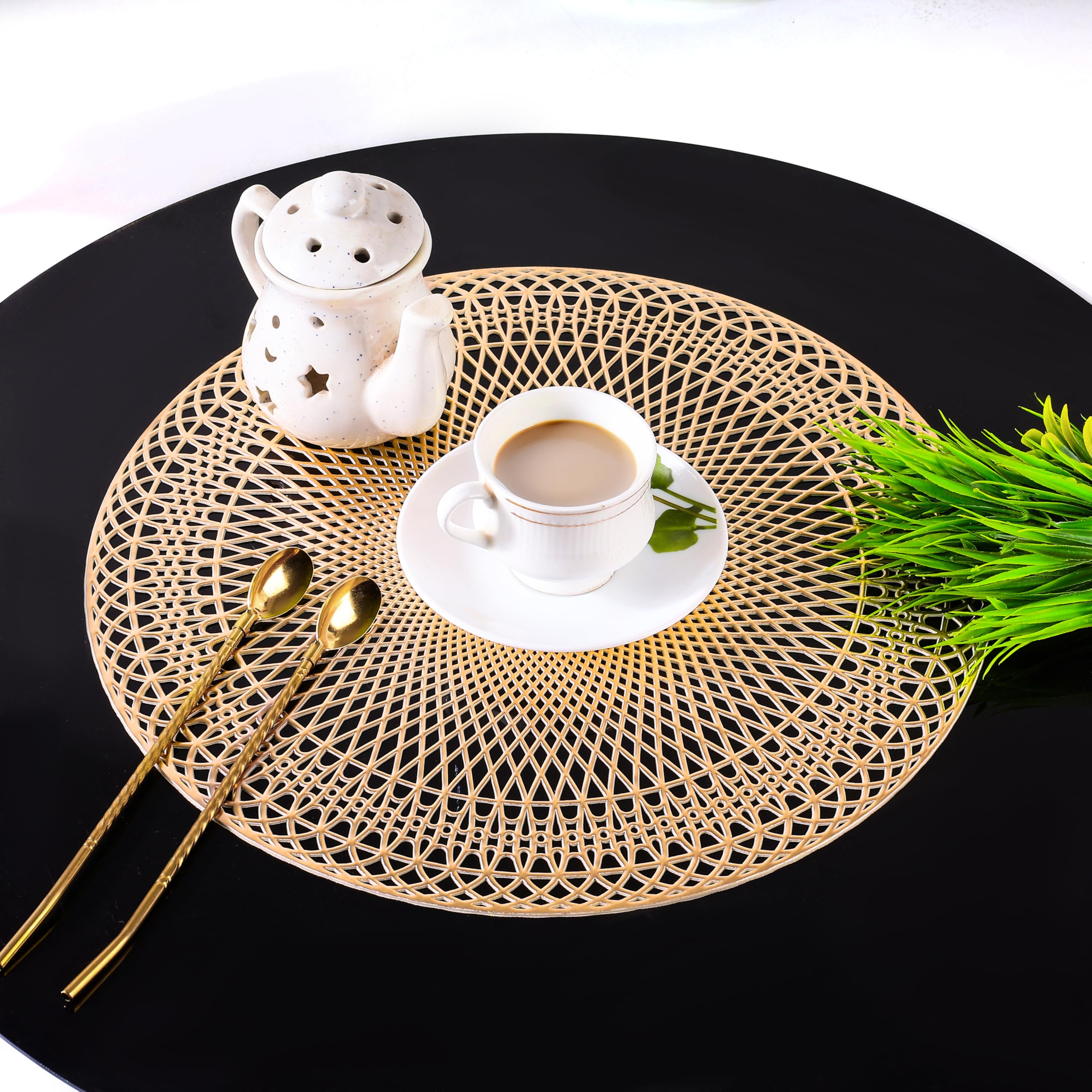 Wings Star Round Placemats | Table Mats Round Placemat for Dining Table | Heat-Resistant | Place mat for Cakes & Desserts | Kitchen Place mats Set of 4 Golden Kafalo