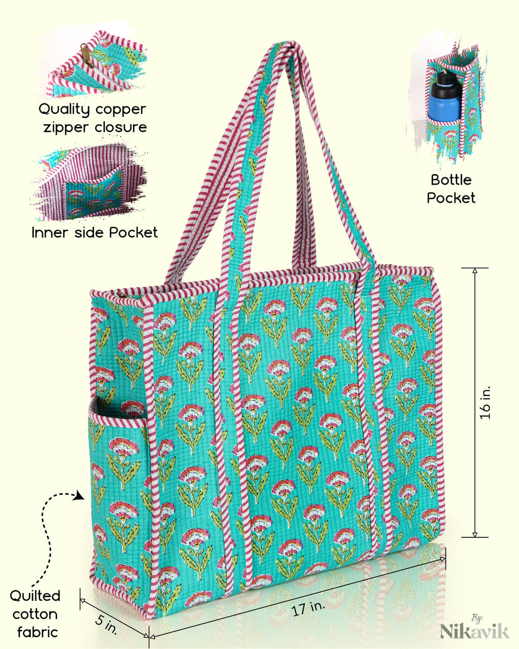 NIKAVIK 1 Tote Bag and 3 Pouches | Jaipuri Quilted fabric Handblock Printed Tote Bag (with zip closure and bottle compartment) with Matching Pouches (Aqua Blue Pink)