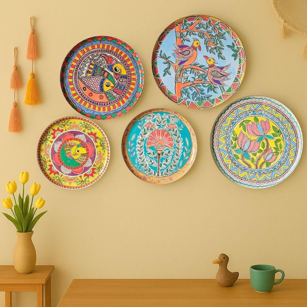 Madhubani Wall Plates Set of 5 | 12"+10"+8" Metal Wall Sculpture | Traditional Mithila Art for Living Room, Bedroom & Pooja Room | Ethnic Indian Wall Décor | Diwali Housewarming Gift kafalo