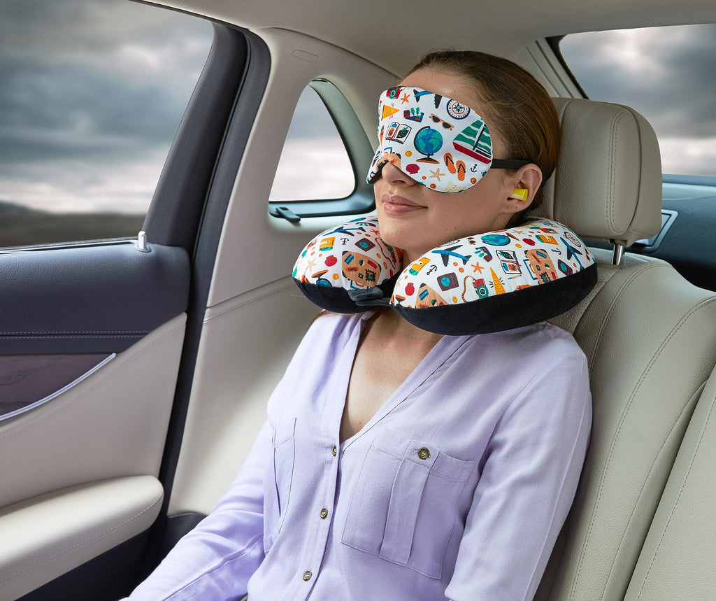 kossto Memory Foam Travel Pillow for Neck Pain Relief, Includes Eye Mask & Noise Isolating Ear Plugs, Portable Combo for Men & Women, Ideal for Long Flights & Road Trips | Velvet Black