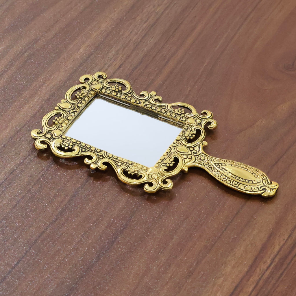 KridayKraft Beautifully Carved Square Shape Gold Plating Metal Hand Mirror for Makeup, Travelling, Salon Mirror & Decorative Antique Item, framed