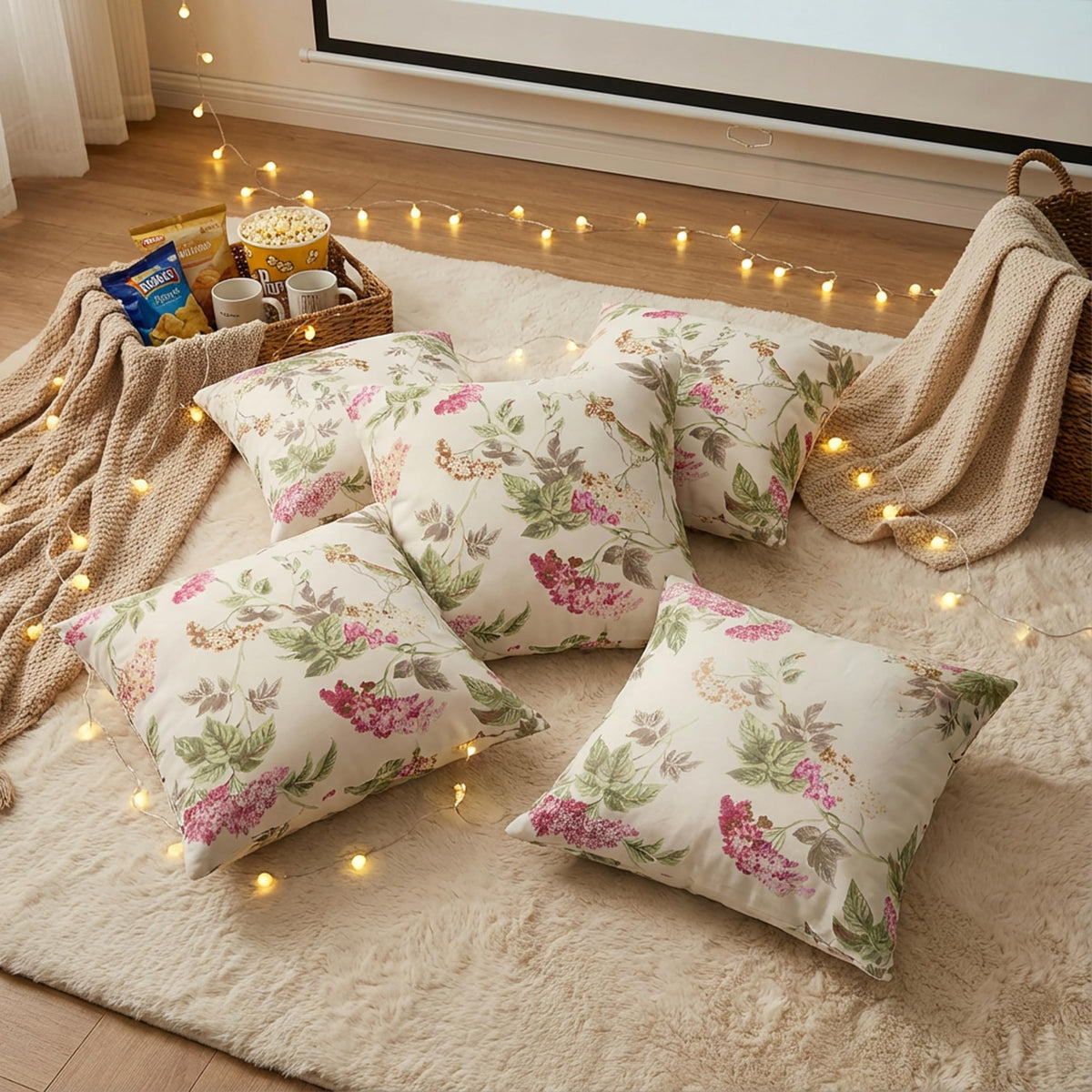 Clasiko Cotton Cushion Covers 16x16 – Set of 5 Decorative Cushion Covers, Bloom Lace, Soft Cotton, Hidden Zip, Sofa & Bedroom Décor