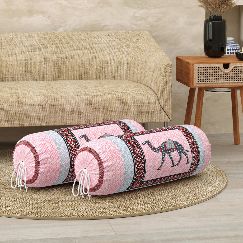 BLOCKS OF INDIA Cotton Hand Block Printed Bolster Cover | Booster Cover with Drawstring | Round Long Pillow Cover for Bed | Dewan Pillow Cover Set 16 X 32 | Set of 2 (Pink Camel)