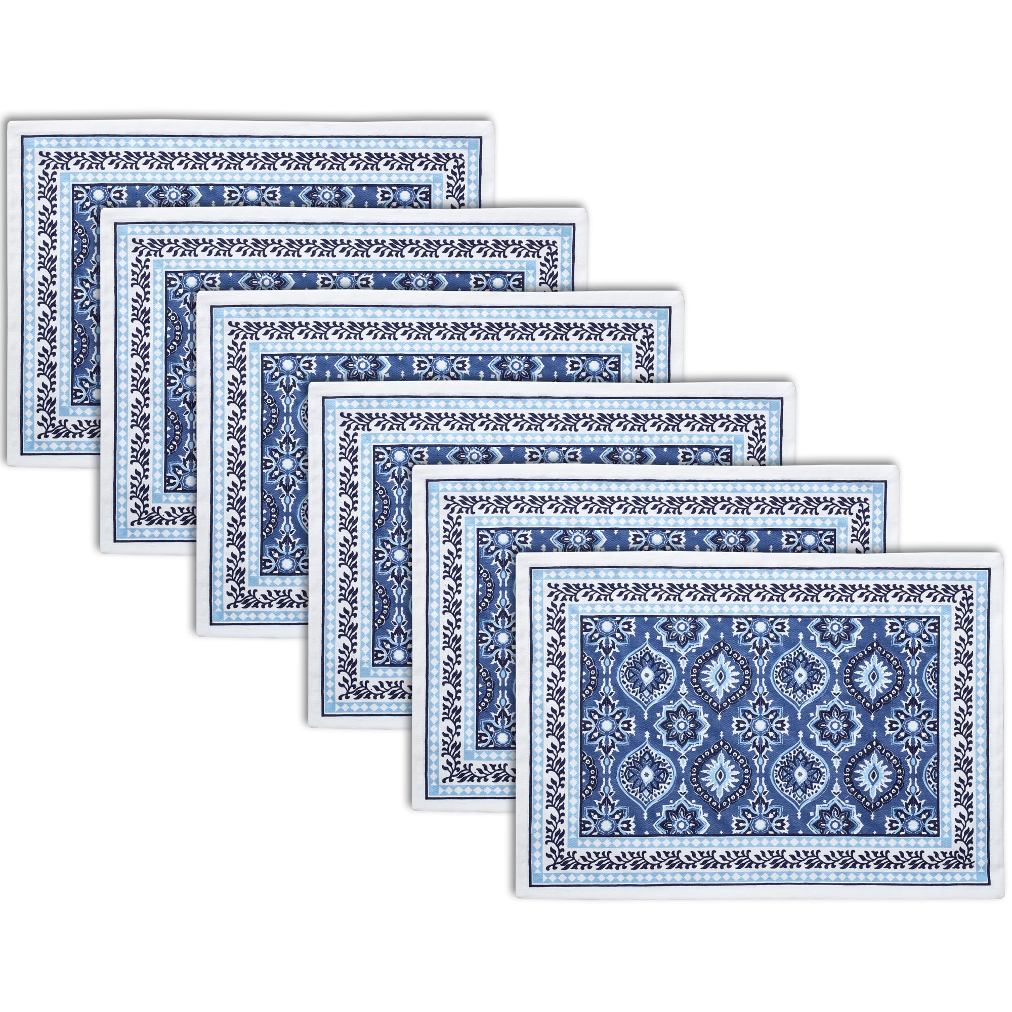 Encasa XO Dining Table Placemats, Block Printed Cotton, Hand Print Indigo Kafalo