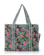NIKAVIK Quilted Cotton Jaipuri Tote bag (with seperate Bottle Pocket & Zip) – Exotic Animal Print Foldable and Ideal for Travel Shopping Beach Trips or Daily Essentials (Green Multi)