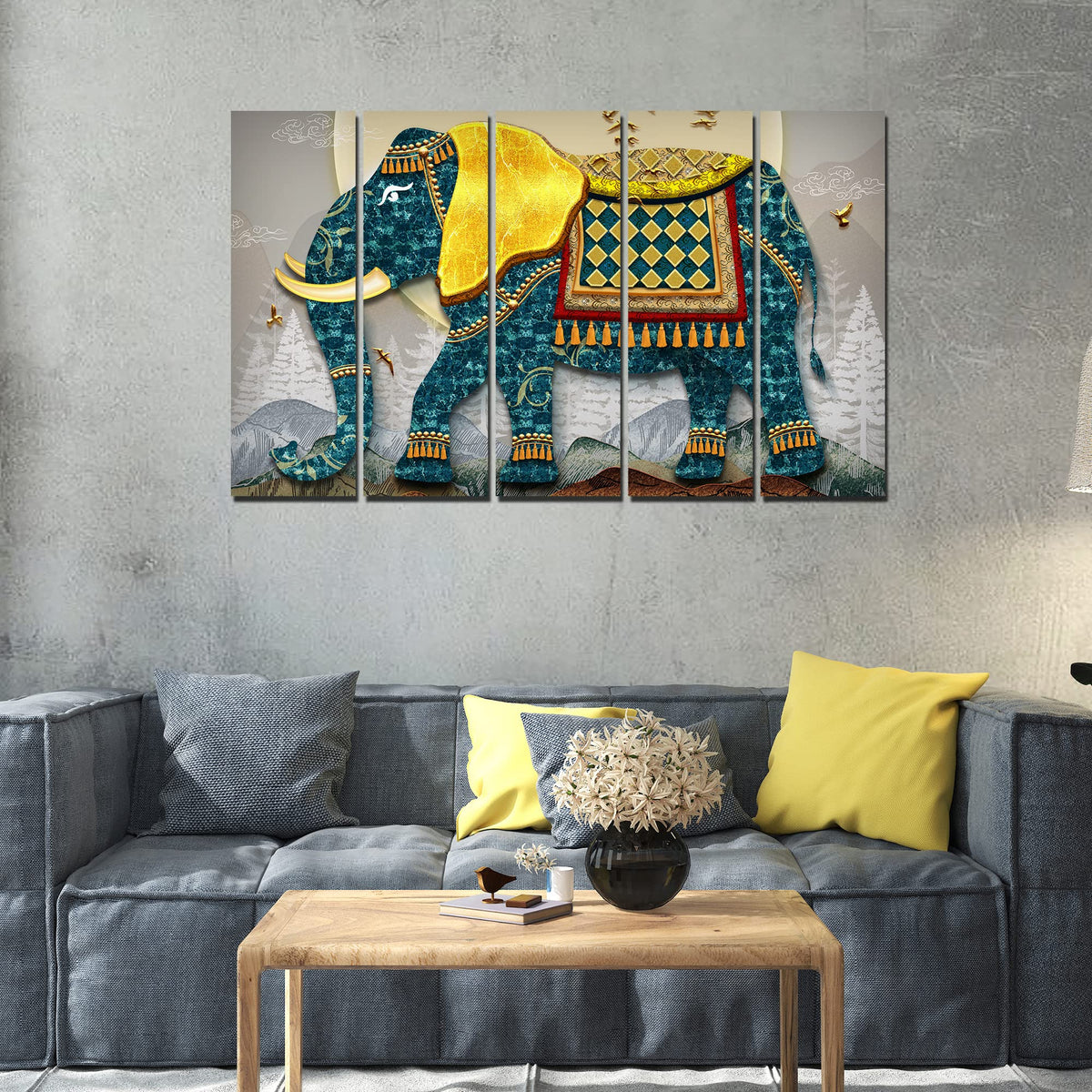 VIBECRAFTS Royal Elephant With Golden Tusks 5 Pieces Canvas Wall Painting For Home | Office | Living Room | Gift (PTVC5Pcs4_8551N)