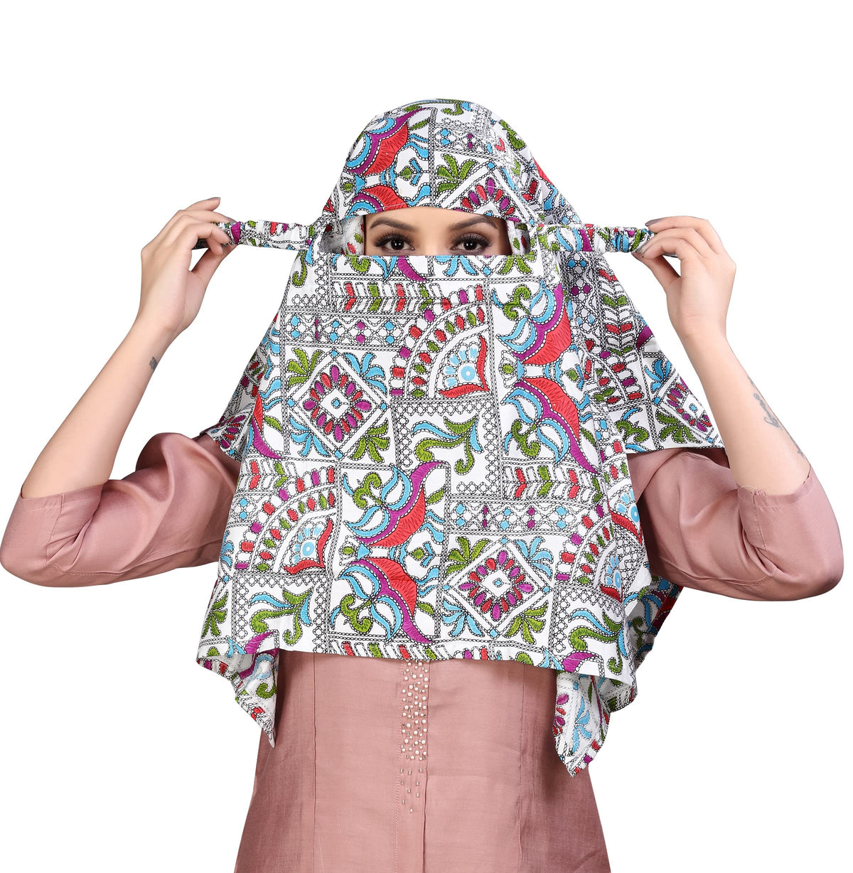 7 season's Female Cotton Short Scarf Cum Mask Universal Size/Usable For Vehicle Driver For Sunlight Uv Protection/White Printed Design (White Jaipuri, Free)