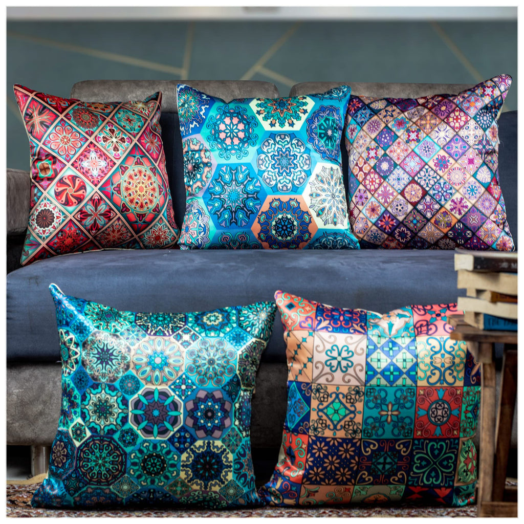 Vendola Merhaba Microfiber Satin 250TC Cushion Pillow Covers, Multicolor, Set of 5(Merhabaaa,24x24 Inches)