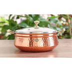 Indian Art Villa Steel Copper Hammered Design Handi/Bowl/Casserole with Toughened Glass Lid & Brass Knob & Handles, Volume-400 ml, Pack of 6