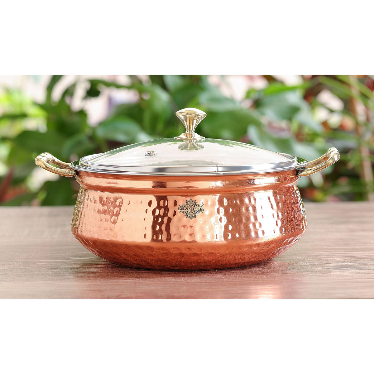 Indian Art Villa Steel Copper Hammered Design Handi/Bowl/Casserole with Toughened Glass Lid & Brass Knob & Handles, Volume-400 ml, Pack of 6