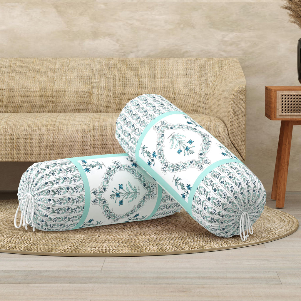 BLOCKS OF INDIA Cotton Hand Block Printed Bolster Cover | Booster Cover with Drawstring | Round Long Pillow Cover for Bed | Dewan Pillow Cover Set 16 X 32 | Set of 2 (Turquoise BEL)