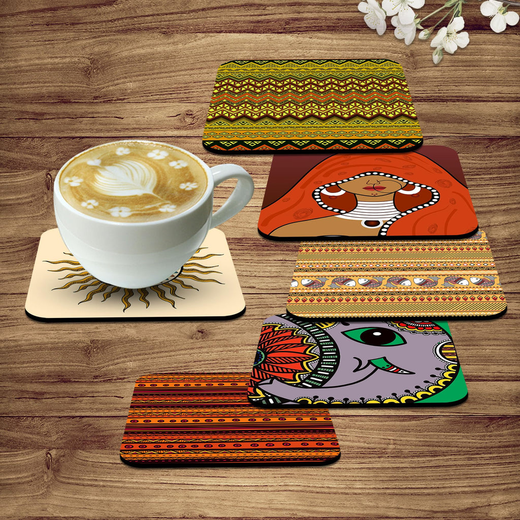 Artvibes Printed MDF Wooden Coasters for Home and Kitchen | Dining Table Decor | Square Coasters | Kitchen Decorative Item | Table Decoration | Home Decor (Set of 6 | 4x4 Inch)(Madhubani Art) TC_2010