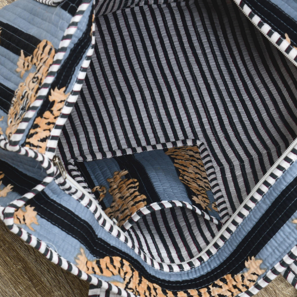 MITTICO Quilted Cotton Tote Bag for Women – Handmade Large Shoulder Handbag with Zipper & Multiple Pockets | Lightweight Travel Tote for Office, Shopping & Daily Use | Black Stripe Tiger Print