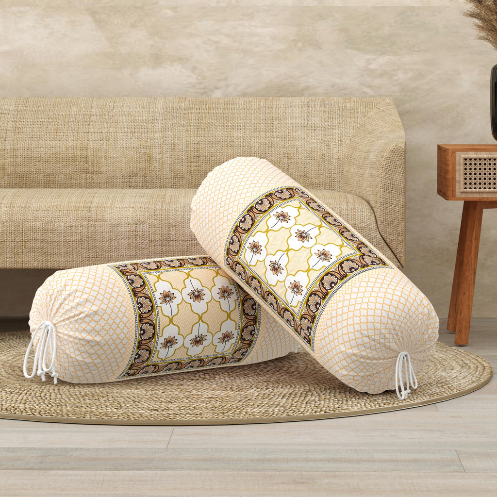 BLOCKS OF INDIA Cotton Hand Block Printed Bolster Cover | Booster Cover with Drawstring | Round Long Pillow Cover for Bed | Dewan Pillow Cover Set 16 X 32 | Set of 2 (Color 33)