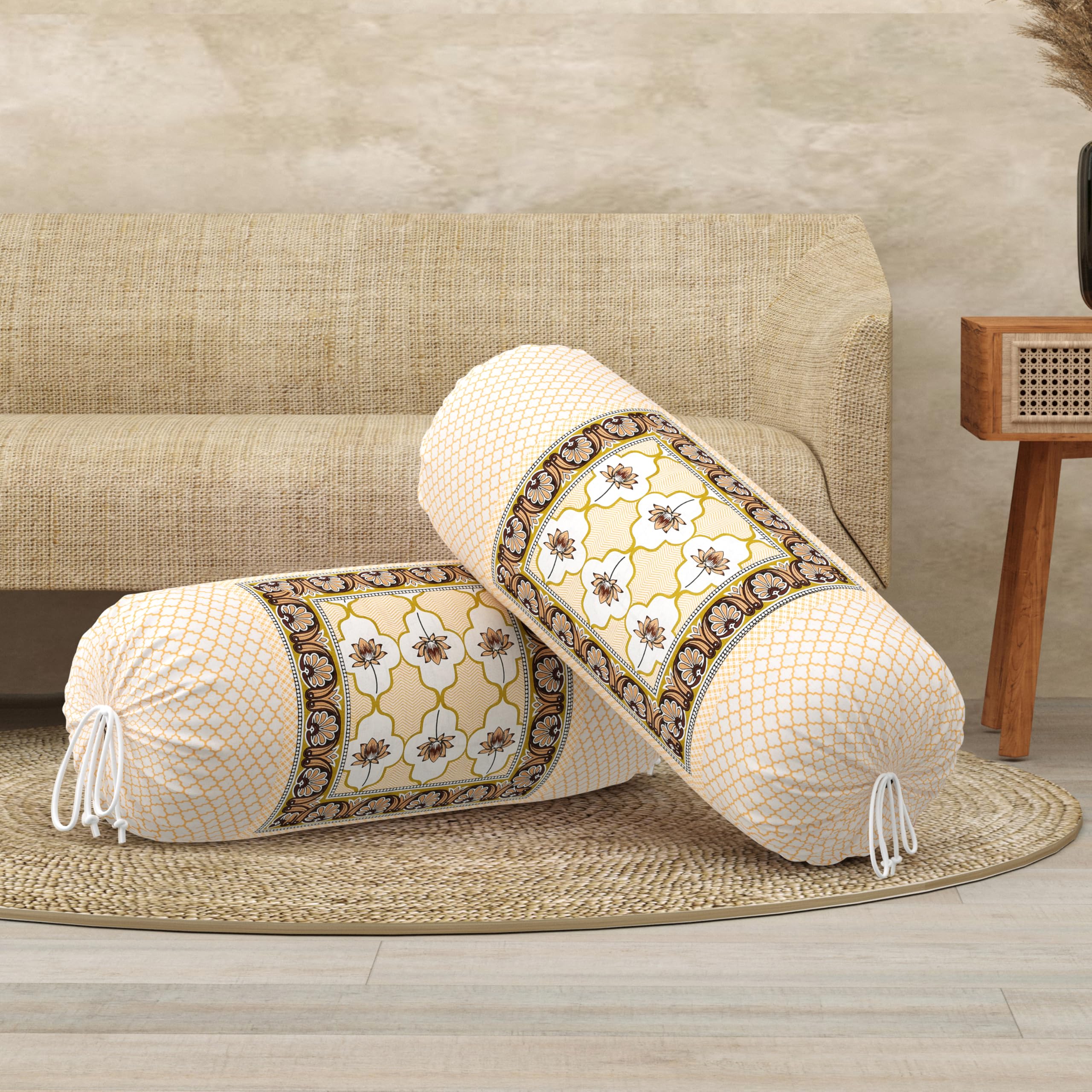 BLOCKS OF INDIA Cotton Hand Block Printed Bolster Cover | Booster Cover with Drawstring | Round Long Pillow Cover for Bed | Dewan Pillow Cover Set 16 X 32 | Set of 2 (Color 33)