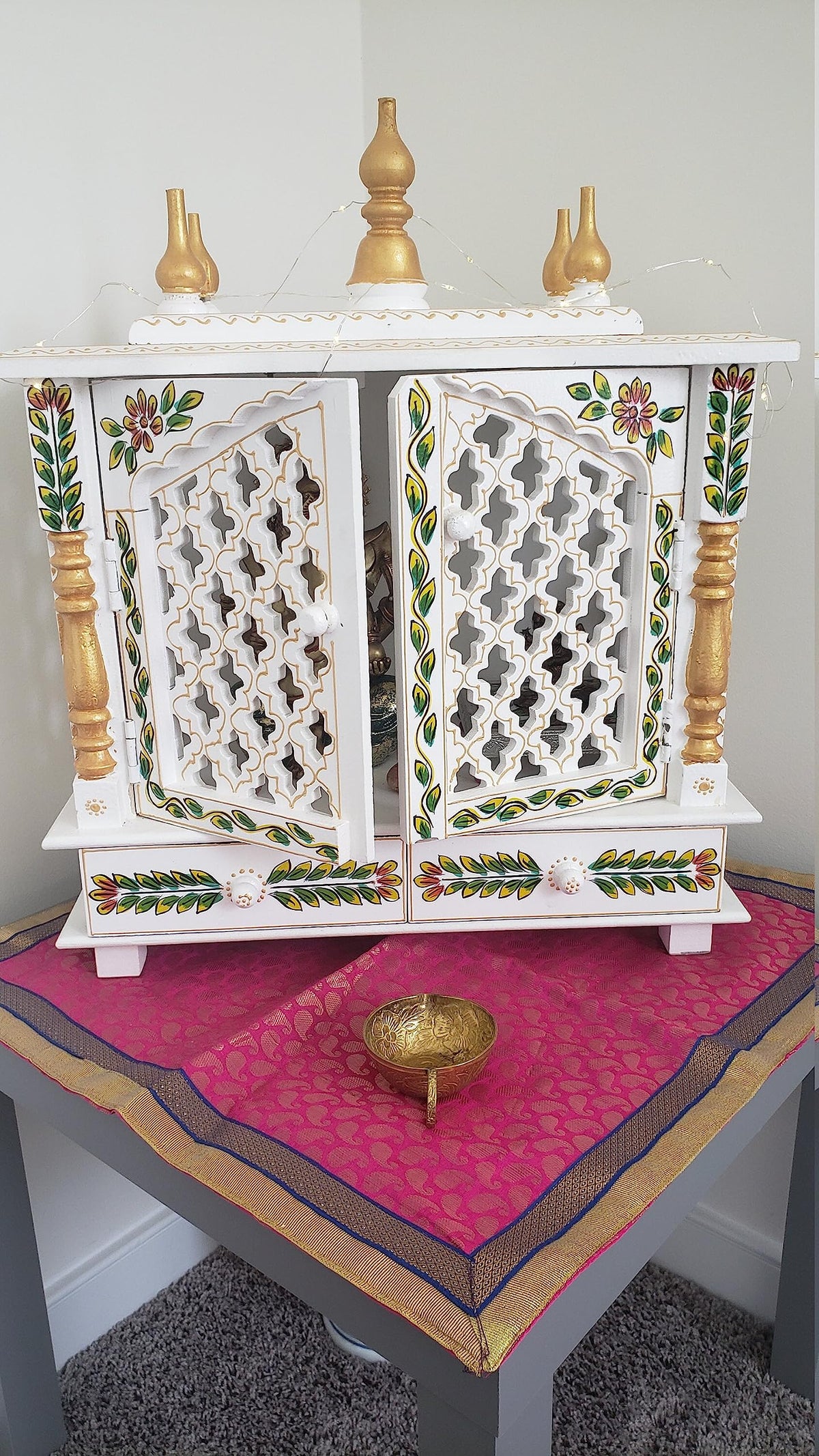 Wood To Cart Beautiful MDF Jali Wooden Temple/Pooja Mandir for Home and Office/Wall Mounted Temple/Puja Stand(White Jali - 18x9x22 inches)