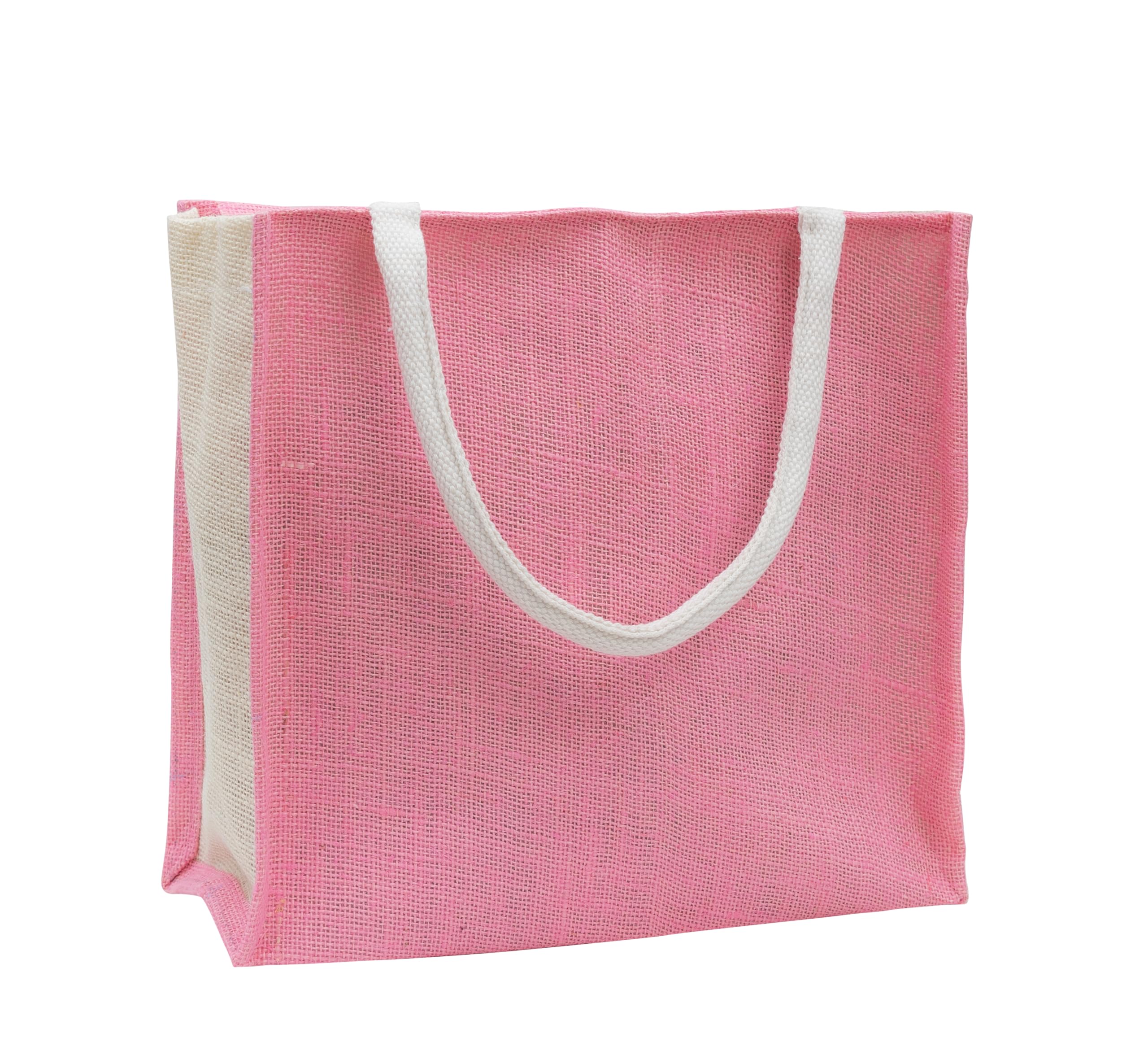 JUTEKA Multicolor Jute Bag for Shopping, Lunch, Tiffin, Grocery with Zip Closure and Padded Cotton Handles… (Pink)