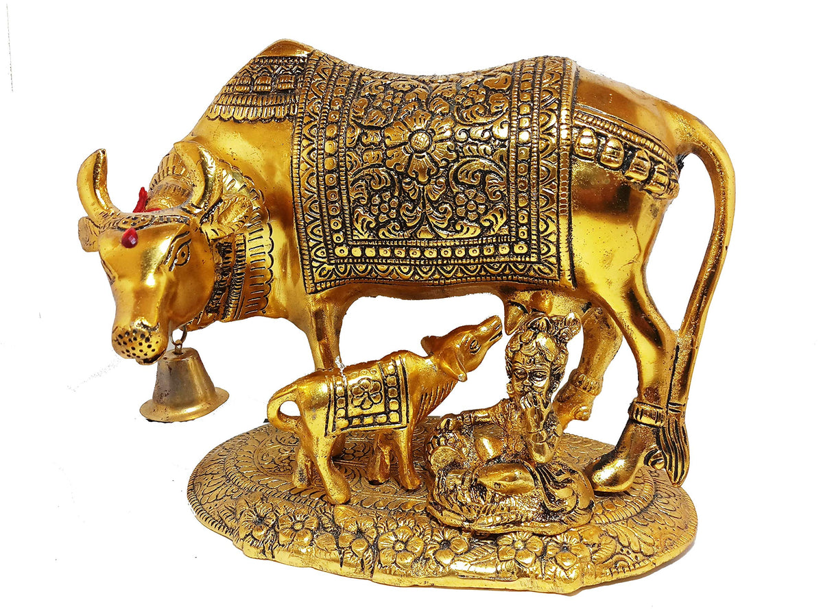 Prince Home Decor & Gifts Metal Kamdhenu Cow With Calf Statue Good Luck Holy Cow With Calf Statue/metal Cow With Calf for home decor/ Spiritual Showpiece Figurine Sculpture Vastu Decorative Handmade Home Office Showpiece Gifts