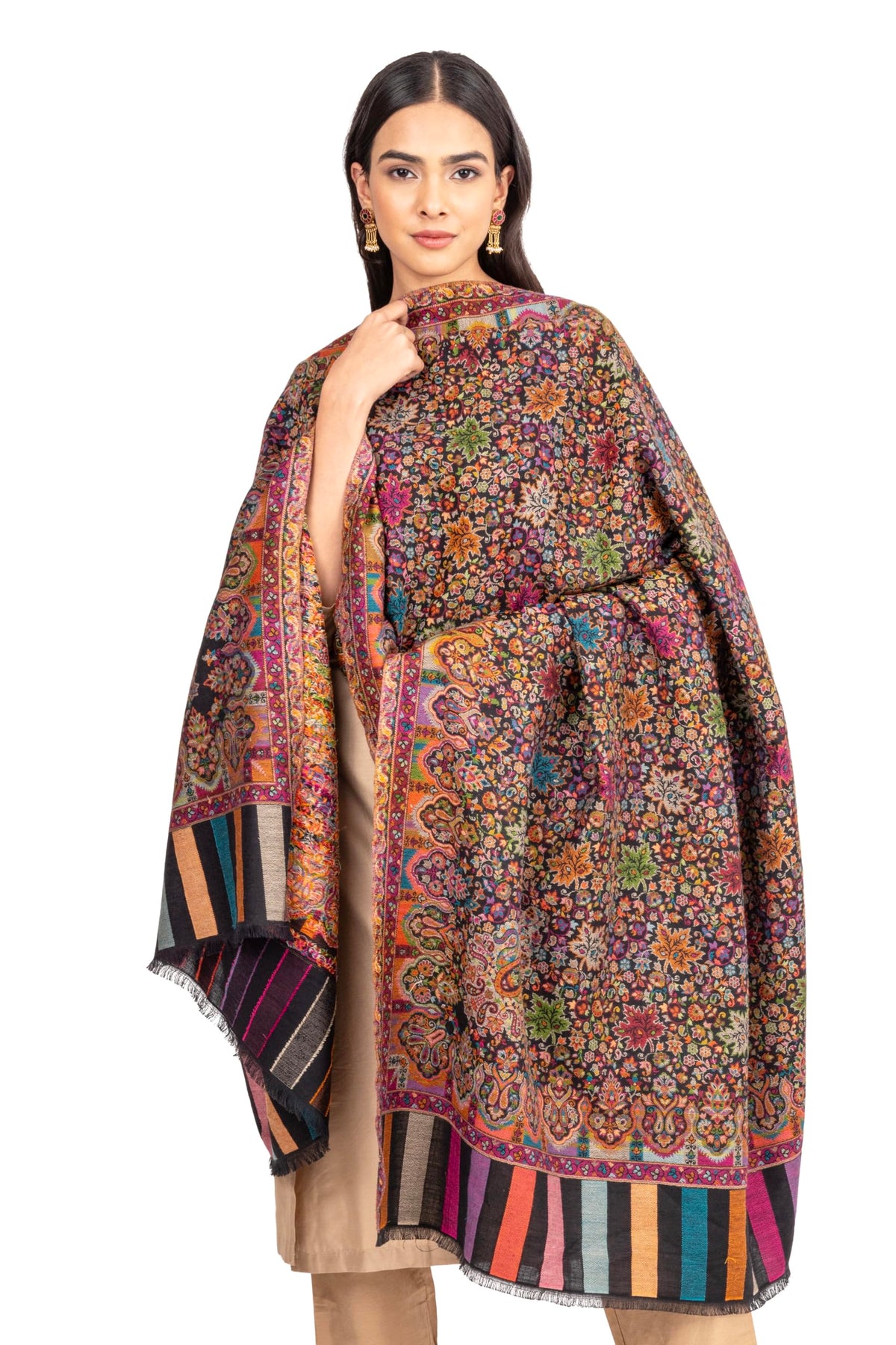 Naureen Women Pashmina Blend Kani Shawl with Floral Artwork, Warm and Soft, 40x80 inch