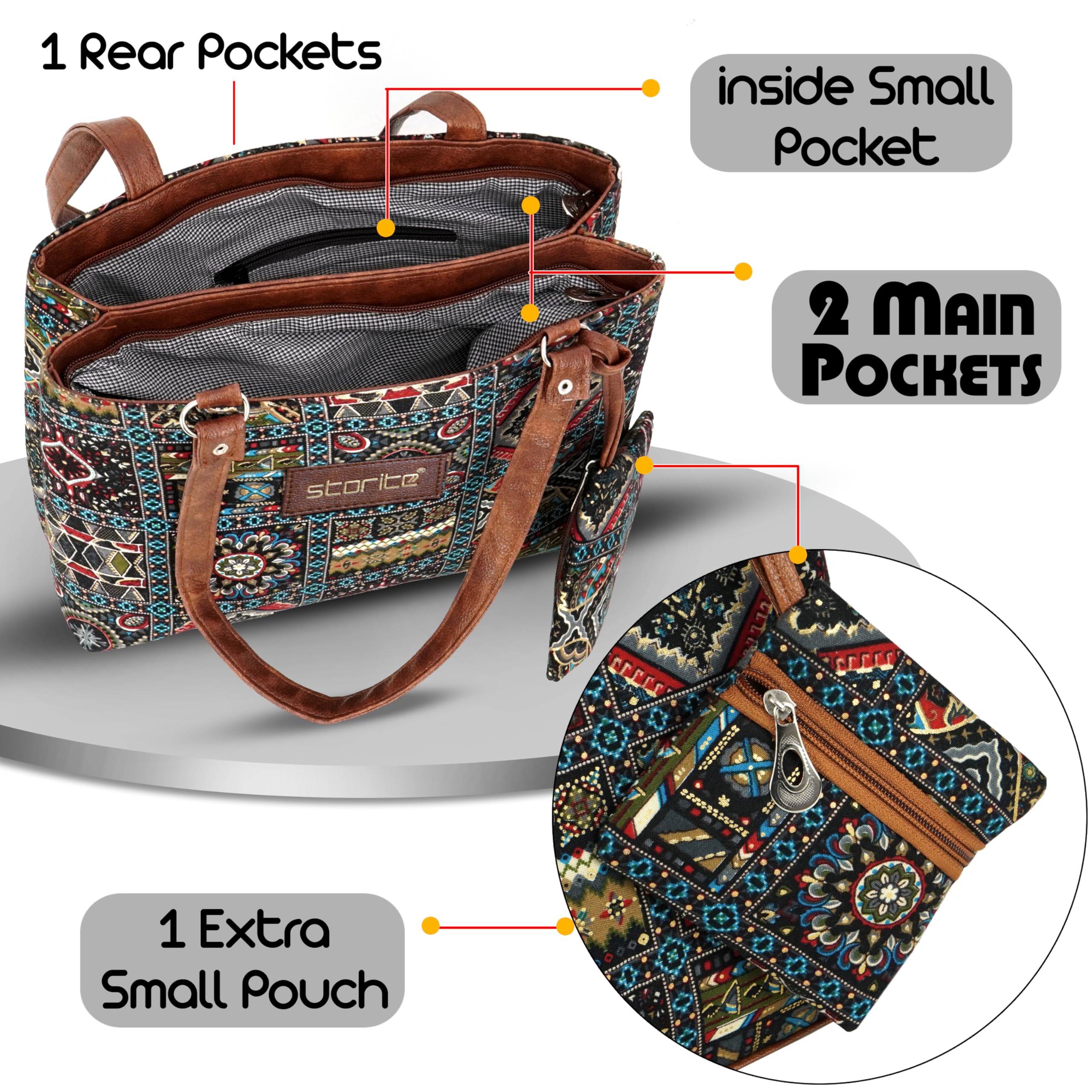 Storite Women's Tote Bag With Leather Handles & Embroidery Printed
