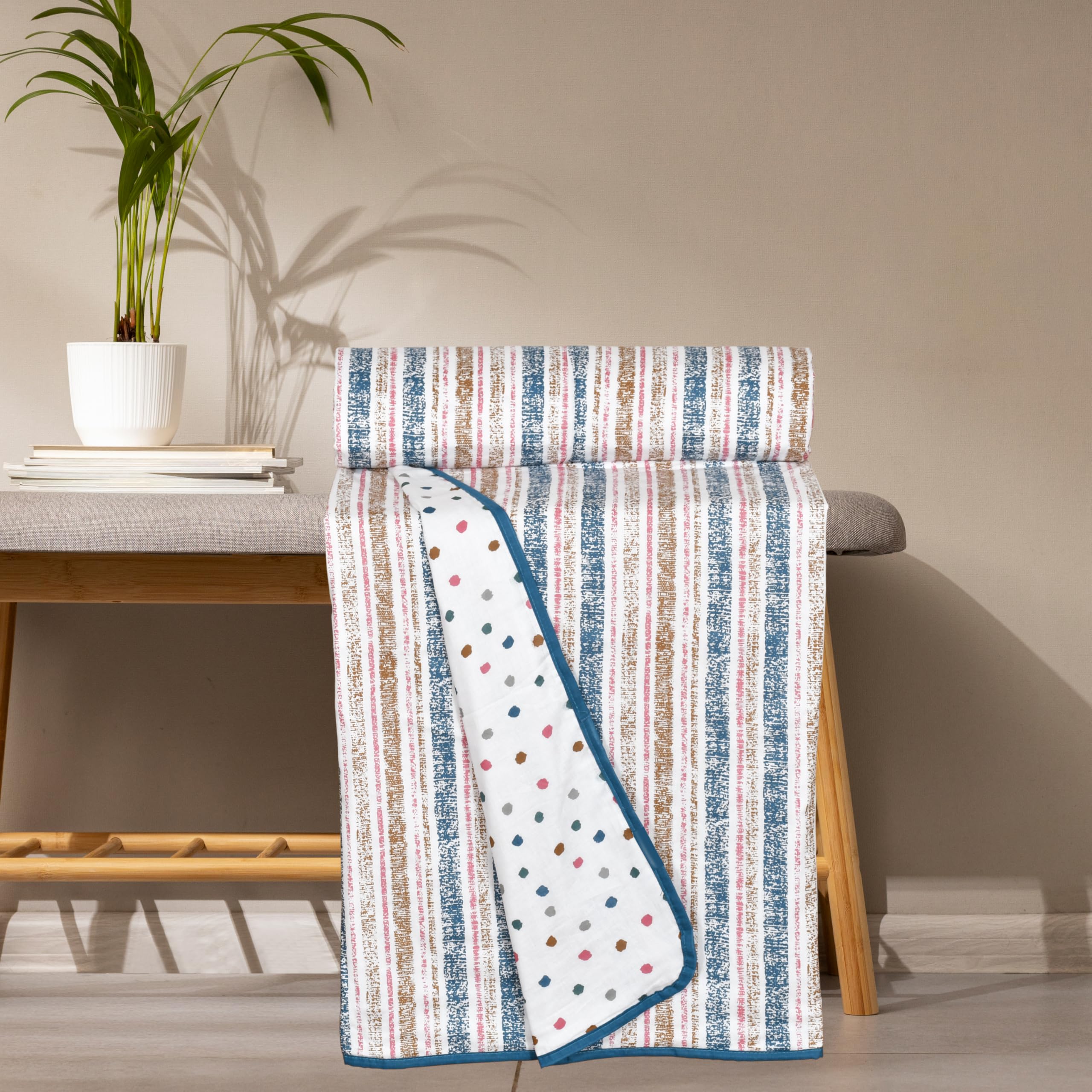 Danip 100% Cotton Reversible AC Dohar Blanket, Throw - Printed Soft, Skin-friendly, Lightweight & Ideal for All-weather - 3 Layered Single Bed Dohar for AC Rooms (56 x 88 Inches) - Stripes & Polka Dot Kafalo