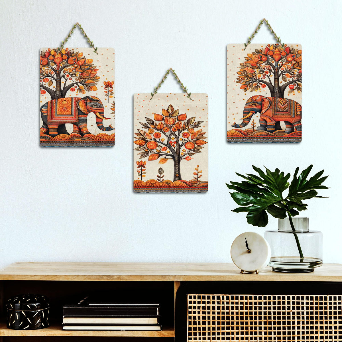Artvibes Traditional Elephant And Tree Designer Home Art For Decorative Wall Art MDF Wooden Wall Hanger for Living Room | Home Decor | Aesthetic Wooden Decor | Ideal Gifts (WH_96186N), Set of 3